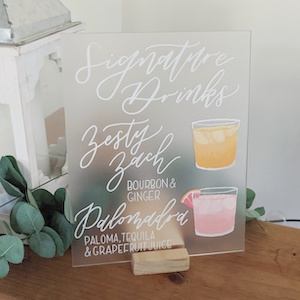 frosted acrylic signature drink sign | Write Liz Write custom wedding calligrapher Northern Virginia